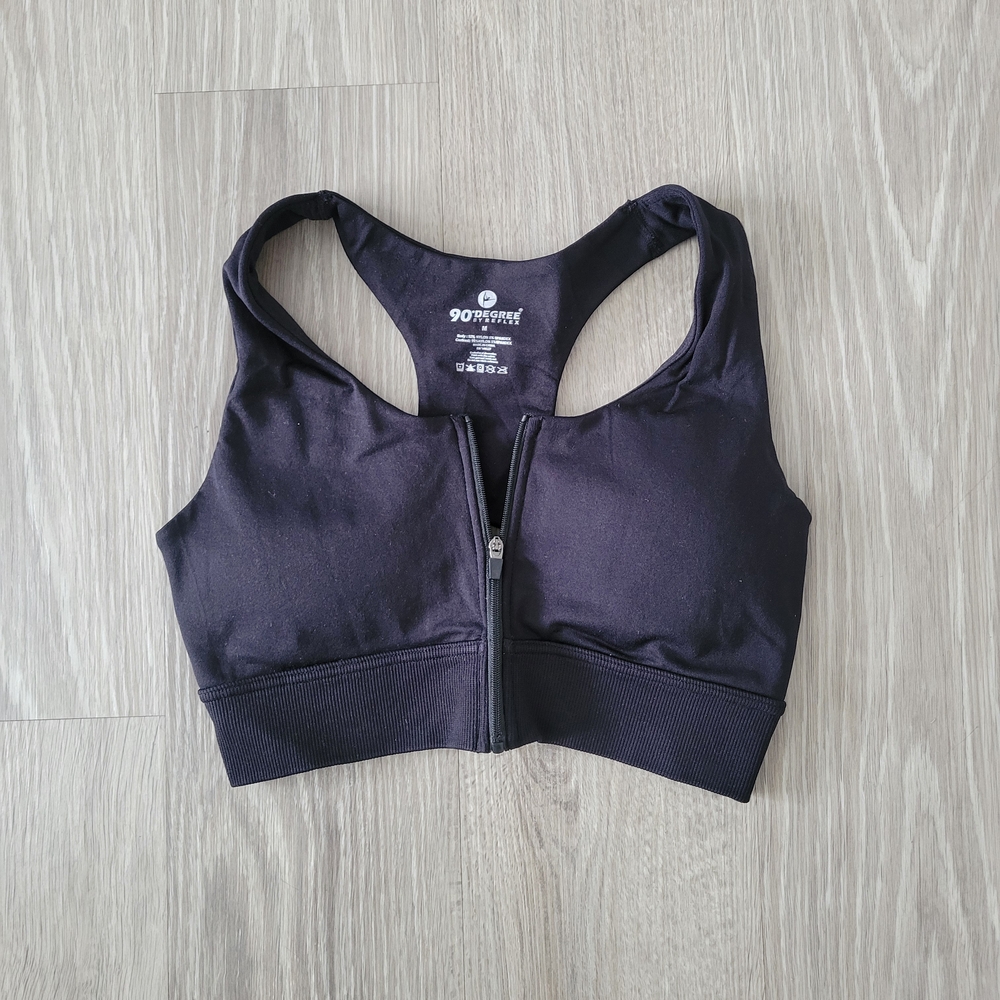 90 Degree By Reflex Zip Front Black Activewear Sports Bra Size Medium